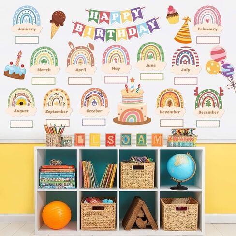 WERNNSAI 52PCS Boho Classroom Set Boho Happy Birthday Chart Calendar Decoration Rainbow Positive Bulletin Board for Home School Wall Birthday Cutouts Supplies in Saudi Arabia