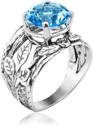 خاتم من الفضة الإسترلينية 925 مع كريستال أزرق مستدير/زركونيا مكعب، طبيعة الزهرة، مؤكسد، مظهر عتيق أنيق لا يسبب الحساسية، خالي من النيكل والرصاص، مجموعة مصممين حرفيين يدويًا (مقاس 5-11) in Kuwait
