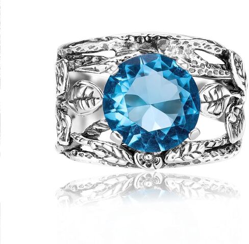 خاتم من الفضة الإسترلينية 925 مع كريستال أزرق مستدير/زركونيا مكعب، طبيعة الزهرة، مؤكسد، مظهر عتيق أنيق لا يسبب الحساسية، خالي من النيكل والرصاص، مجموعة مصممين حرفيين يدويًا (مقاس 5-11) in Kuwait