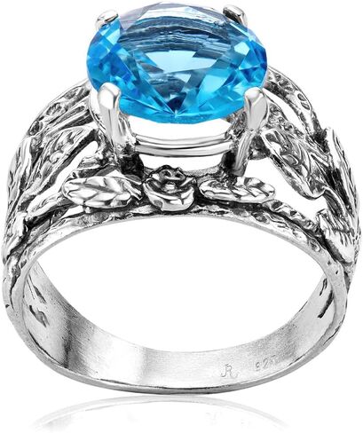 خاتم من الفضة الإسترلينية 925 مع كريستال أزرق مستدير/زركونيا مكعب، طبيعة الزهرة، مؤكسد، مظهر عتيق أنيق لا يسبب الحساسية، خالي من النيكل والرصاص، مجموعة مصممين حرفيين يدويًا (مقاس 5-11) in Kuwait