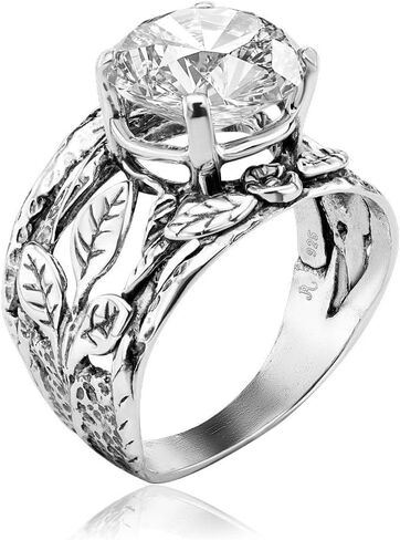 925 Sterling Silver Ring With Round Blue Crystal/Cubic Zirconia, Flower Nature, Oxidized, Vintage Look Stylish Hypoallergenic, Nickel and Lead-free, Artisan Handcrafted Designer Collection (Size 5-11) in Saudi Arabia