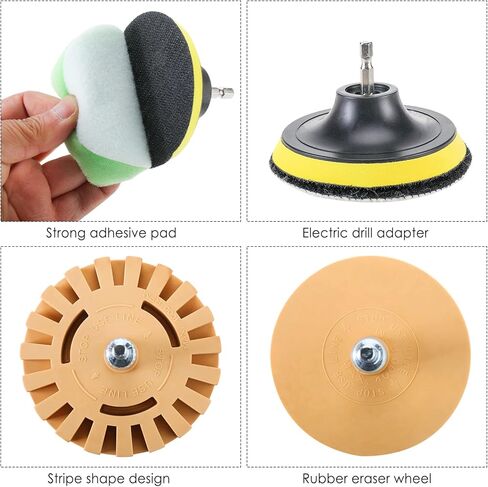 أداة إزالة اللاصق، مجموعة إزالة ملصقات عجلة الممحاة، مجموعة عجلة ممحاة مزيل الملصقات مع وسادات تلميع إسفنجية، وسادة تلميع صوف للسيارات والقوارب والدراجات والدراجات النارية in Kuwait
