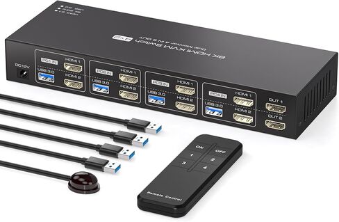 KVM Switch 2 شاشات 4 أجهزة كمبيوتر 8K @ 60 هرتز 4K @ 120 هرتز HDMI KVM Switches شاشة مزدوجة لمشاركة 4 أجهزة كمبيوتر، شاشتين و4 أجهزة USB3.0 مع أربعة كابلات USB3.0 وجهاز تحكم عن بعد بالأشعة تحت الحمراء in Kuwait
