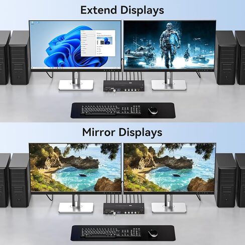 KVM Switch 2 شاشات 4 أجهزة كمبيوتر 8K @ 60 هرتز 4K @ 120 هرتز HDMI KVM Switches شاشة مزدوجة لمشاركة 4 أجهزة كمبيوتر، شاشتين و4 أجهزة USB3.0 مع أربعة كابلات USB3.0 وجهاز تحكم عن بعد بالأشعة تحت الحمراء in Kuwait