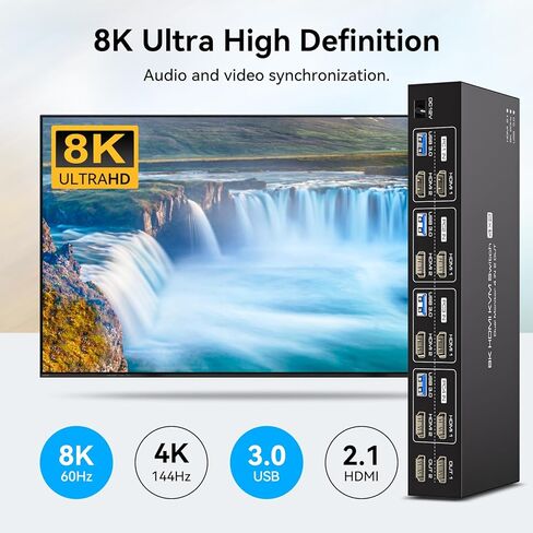KVM Switch 2 شاشات 4 أجهزة كمبيوتر 8K @ 60 هرتز 4K @ 120 هرتز HDMI KVM Switches شاشة مزدوجة لمشاركة 4 أجهزة كمبيوتر، شاشتين و4 أجهزة USB3.0 مع أربعة كابلات USB3.0 وجهاز تحكم عن بعد بالأشعة تحت الحمراء in Kuwait