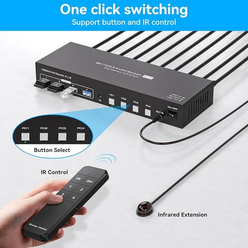 KVM Switch 2 شاشات 4 أجهزة كمبيوتر 8K @ 60 هرتز 4K @ 120 هرتز HDMI KVM Switches شاشة مزدوجة لمشاركة 4 أجهزة كمبيوتر، شاشتين و4 أجهزة USB3.0 مع أربعة كابلات USB3.0 وجهاز تحكم عن بعد بالأشعة تحت الحمراء in Kuwait