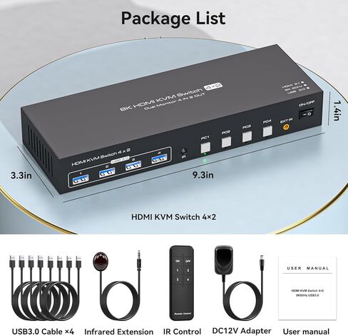 KVM Switch 2 شاشات 4 أجهزة كمبيوتر 8K @ 60 هرتز 4K @ 120 هرتز HDMI KVM Switches شاشة مزدوجة لمشاركة 4 أجهزة كمبيوتر، شاشتين و4 أجهزة USB3.0 مع أربعة كابلات USB3.0 وجهاز تحكم عن بعد بالأشعة تحت الحمراء in Kuwait