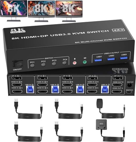 8K @ 60 هرتز KVM Switch 3 شاشات 4 أجهزة كمبيوتر 4K @ 144 هرتز، 2 HDMI +1 DisplayPort KVM Switch شاشة ثلاثية لـ 4 أجهزة كمبيوتر مع صوت و3 منافذ USB 3.0، 3 مفاتيح KVM للشاشات ومحول ماوس لوحة المفاتيح in Kuwait