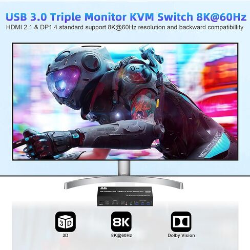 8K @ 60 هرتز KVM Switch 3 شاشات 4 أجهزة كمبيوتر 4K @ 144 هرتز، 2 HDMI +1 DisplayPort KVM Switch شاشة ثلاثية لـ 4 أجهزة كمبيوتر مع صوت و3 منافذ USB 3.0، 3 مفاتيح KVM للشاشات ومحول ماوس لوحة المفاتيح in Kuwait