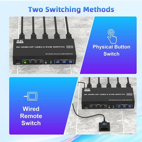 8K @ 60 هرتز KVM Switch 3 شاشات 4 أجهزة كمبيوتر 4K @ 144 هرتز، 2 HDMI +1 DisplayPort KVM Switch شاشة ثلاثية لـ 4 أجهزة كمبيوتر مع صوت و3 منافذ USB 3.0، 3 مفاتيح KVM للشاشات ومحول ماوس لوحة المفاتيح in Kuwait