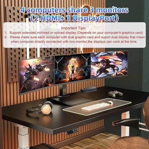 8K @ 60 هرتز KVM Switch 3 شاشات 4 أجهزة كمبيوتر 4K @ 144 هرتز، 2 HDMI +1 DisplayPort KVM Switch شاشة ثلاثية لـ 4 أجهزة كمبيوتر مع صوت و3 منافذ USB 3.0، 3 مفاتيح KVM للشاشات ومحول ماوس لوحة المفاتيح in Kuwait