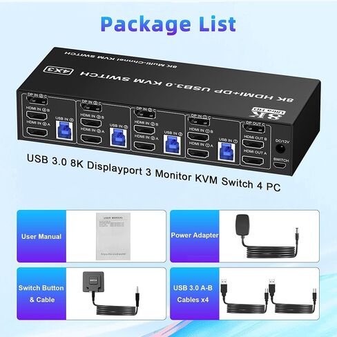 8K @ 60 هرتز KVM Switch 3 شاشات 4 أجهزة كمبيوتر 4K @ 144 هرتز، 2 HDMI +1 DisplayPort KVM Switch شاشة ثلاثية لـ 4 أجهزة كمبيوتر مع صوت و3 منافذ USB 3.0، 3 مفاتيح KVM للشاشات ومحول ماوس لوحة المفاتيح in Kuwait