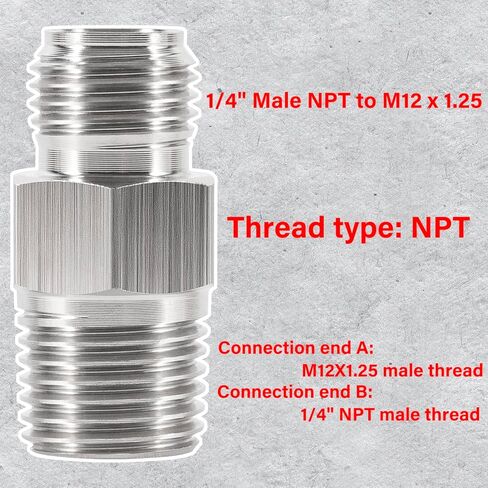 محول تركيب 1/4 بوصة NPT، 1/4 بوصة ذكر NPT إلى M12 x 1.25، متوافق مع قياس أنابيب الفولاذ المقاوم للصدأ M12X1.25 ذكر متري in Kuwait