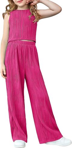 OYOANGLE Girl's 2 Pieces Outfits Textured Sleeveless Round Neck Tank Top and Elastic Waist Wide Leg Pants Set in Saudi Arabia