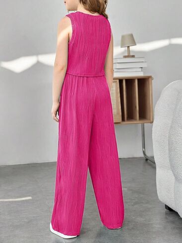 OYOANGLE Girl's 2 Pieces Outfits Textured Sleeveless Round Neck Tank Top and Elastic Waist Wide Leg Pants Set in Saudi Arabia