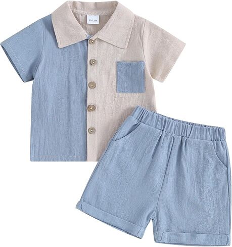 Toddler Baby Boy Summer Outfit Short Sleeve Contrast Color Shirt Top and Casual Shorts Set Cute Infant Clothes in Saudi Arabia