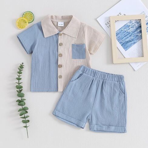 Toddler Baby Boy Summer Outfit Short Sleeve Contrast Color Shirt Top and Casual Shorts Set Cute Infant Clothes in Saudi Arabia