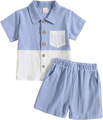 Toddler Baby Boy Summer Outfit Short Sleeve Contrast Color Shirt Top and Casual Shorts Set Cute Infant Clothes in Saudi Arabia