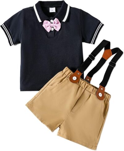 PATPAT Toddler Baby Boy Outfits Short Sleeve Gentleman Casual Suit Bowtie Plaid Sets in Saudi Arabia