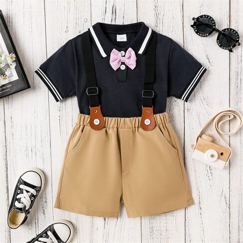 PATPAT Toddler Baby Boy Outfits Short Sleeve Gentleman Casual Suit Bowtie Plaid Sets in Saudi Arabia