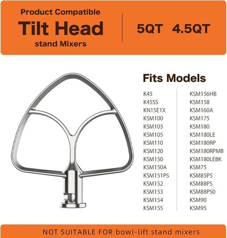 استبدال الخافق المسطح من الفولاذ المقاوم للصدأ لـ KitchenAid، ملحق خلاط برأس مائل 4.5-5QT، سهل التنظيف وشديد التحمل، مناسب لـ K45، KSM75، KSM95، KSM120، KSM150 in Saudi Arabia