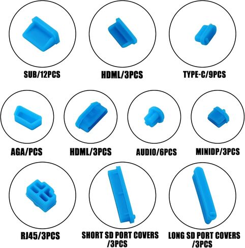 48pcs USB Port Plug Covers Set, Silicone USB Anti Dust Cap Protector Charging Port Cover Kit for Phones Computers Charging Interface Type-C SD HDML RJ45 VGA miniDP SUB Audio, Blue in Saudi Arabia