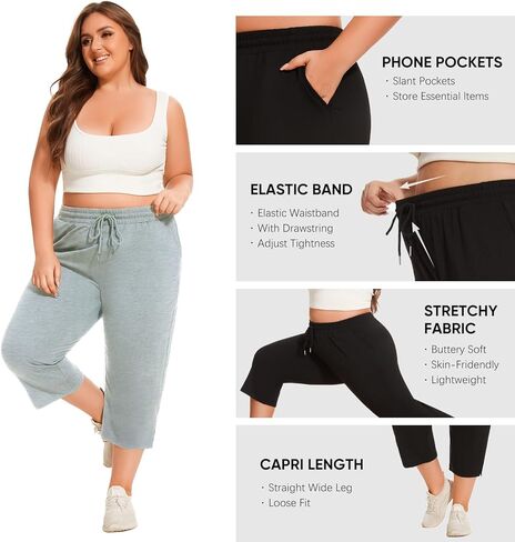 سراويل كابري بمقاس كبير للنساء سراويل كابري فضفاضة واسعة الساق سراويل يوجا مقصوصة للتمرين مع جيوب in Kuwait