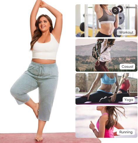 سراويل كابري بمقاس كبير للنساء سراويل كابري فضفاضة واسعة الساق سراويل يوجا مقصوصة للتمرين مع جيوب in Kuwait