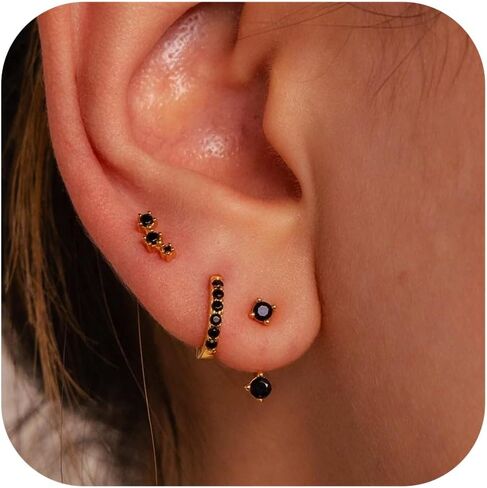 Gold Hoop Earrings for Women, 14K Gold Black Diamond Stud Huggie Jacket Earrings Set for Multiple Piercing Hypoallergenic Trendy Jewelry, 925 Sterling Silver Post Cartilage Earrings Gifts for Women Girls in Saudi Arabia