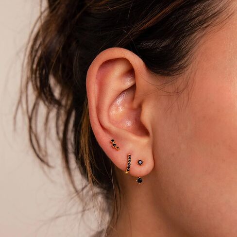 Gold Hoop Earrings for Women, 14K Gold Black Diamond Stud Huggie Jacket Earrings Set for Multiple Piercing Hypoallergenic Trendy Jewelry, 925 Sterling Silver Post Cartilage Earrings Gifts for Women Girls in Saudi Arabia