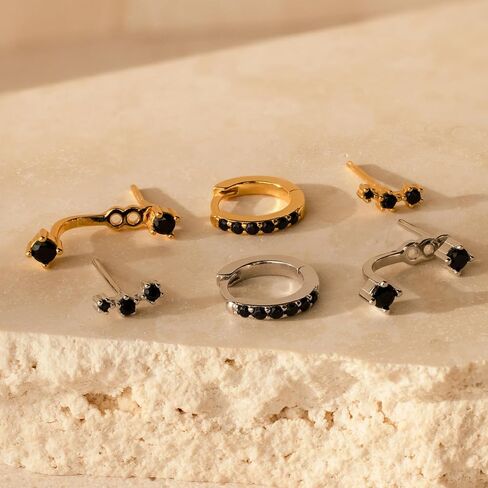 Gold Hoop Earrings for Women, 14K Gold Black Diamond Stud Huggie Jacket Earrings Set for Multiple Piercing Hypoallergenic Trendy Jewelry, 925 Sterling Silver Post Cartilage Earrings Gifts for Women Girls in Saudi Arabia