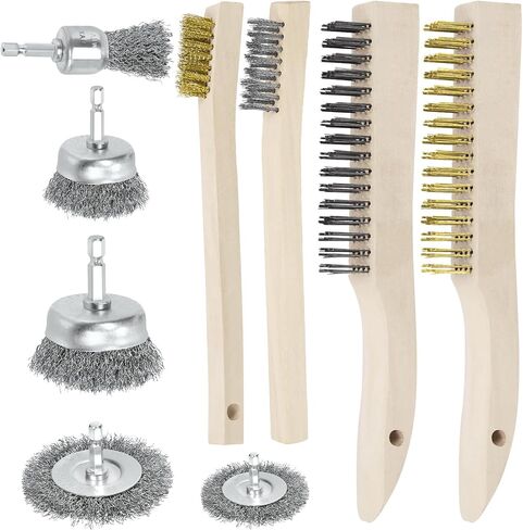 Keadic 9Pcs Wire Brush Set, Wire Wheel Brush Cup Drill Attachment with 1/4 Inch Hex Shank, Large & Small Stainless Steel/Brass Bristles with Curved Handle for Stripping, Welding, Cleaning Rust in Saudi Arabia