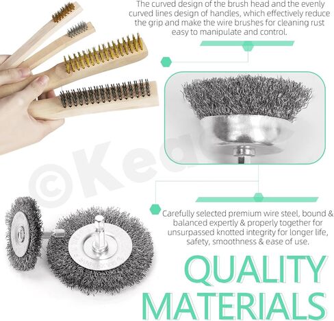 Keadic 9Pcs Wire Brush Set, Wire Wheel Brush Cup Drill Attachment with 1/4 Inch Hex Shank, Large & Small Stainless Steel/Brass Bristles with Curved Handle for Stripping, Welding, Cleaning Rust in Saudi Arabia