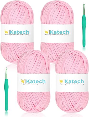 Katech 4x100g T-Shirt Yarn Pink for Crocheting, 130yd Elastic Fabric Crochet Yarn Kit for Knitting, Spaghetti Yarn Thick Yarn for Hand DIY Bag & Basket Cushion Crocheting Projects, Home Decor in Kuwait