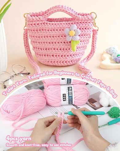 Katech 4x100g T-Shirt Yarn Pink for Crocheting, 130yd Elastic Fabric Crochet Yarn Kit for Knitting, Spaghetti Yarn Thick Yarn for Hand DIY Bag & Basket Cushion Crocheting Projects, Home Decor in Kuwait