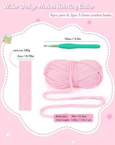 Katech 4x100g T-Shirt Yarn Pink for Crocheting, 130yd Elastic Fabric Crochet Yarn Kit for Knitting, Spaghetti Yarn Thick Yarn for Hand DIY Bag & Basket Cushion Crocheting Projects, Home Decor in Kuwait