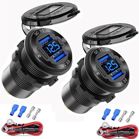 2 Pack 12V USB Outlet Wire Aluminum Car Charger Multi Port, Dual USB Quick Charge 3.0 Port and PD USB C Socket with Voltmeter Switch for Car Boat Marine Truck RV, Fast Charge for Phones iPad, etc. in Saudi Arabia