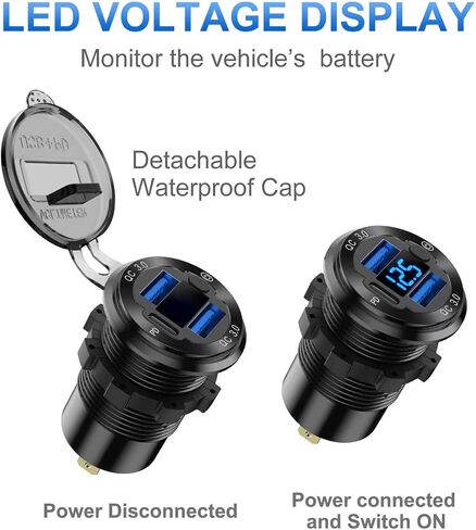 2 Pack 12V USB Outlet Wire Aluminum Car Charger Multi Port, Dual USB Quick Charge 3.0 Port and PD USB C Socket with Voltmeter Switch for Car Boat Marine Truck RV, Fast Charge for Phones iPad, etc. in Saudi Arabia