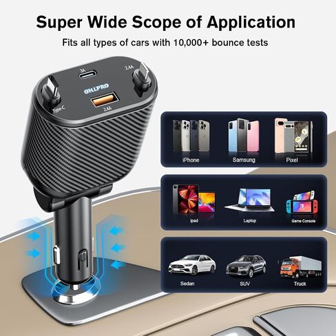 OHLPRO 4 في 1 شاحن سيارة سريع قابل للسحب، شاحن هاتف سيارة 62 وات لأجهزة iPhone والنوع C، كابلات قابلة للسحب وشاحن سيارة USB C، متوافق مع iPhone 15،14،13، Pixel، Tablet إلخ. in Kuwait