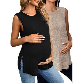 OYOANGLE Women's Maternity 2 Pack Piece Casual Sleeveless Sleep Shirts Split Hem T-Shirt Pregnancy Tank Top