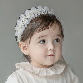 Baby Girl Headband Floral White Lace Baptism Christening Hairband Elastics Soft Head Wrap for Toddlers Hair Accessories for Infants Kids Shower Birthday Wedding Party (Style 1)