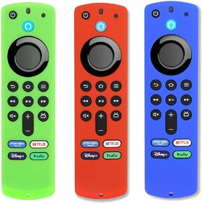 Pinowu Firestick Remote Covers (3pcs) Compatible with Alexa Voice Remote (3rd Gen) with Fire TV Stick 4K/ 4K Max, Silicone Cases with Lanyard (Glow Green & Blue & Red)