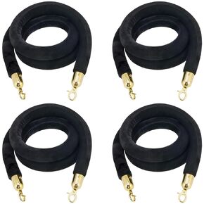 4 Pack 6.6 Feet Velvet Rope, Black Velvet Stanchion Rope with Gold Polished Hooks, Crowd Control Queue Line Barrier Rope Hanging Ropes for Hotels, Movie Theaters