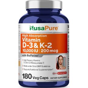 NusaPure Vitamin K2 (MK7) (200mcg) + Vitamin D3 (10000 IU) 180 Veg Caps - Bioperine, Soyfree, Non-GMO
