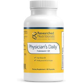 Researched Nutritionals Physician's Daily + D3 Supplement - Daily Multivitamin for Men and Women with Vitamin D3 2000iu, Vitamin B12, Vitamin B6 + Methylated Folate (60 Capsules)