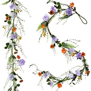 2PCS Artificial Daisy Garland, Artificial Wildflower Garland, 6FT Faux Flower Hanging Vine, Purple Flowers Ivy, Spring Garland with Eucalyptus Boston Fern Vine for Sign Board Party Home Decor