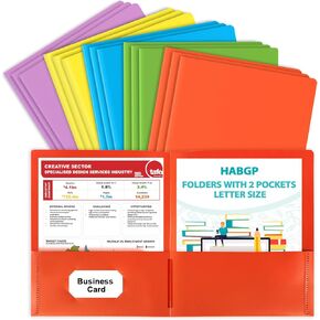 HABGP 5 Plastic Folders with Pockets, Heavy Duty Pocket Folders with Business Card Holder, Multicolor 5 File Folders for Documents Office Organizer Folder Letter Size School Supplies
