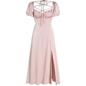 CIDER Satin Knotted Puff Sleeve Split Midi Dress