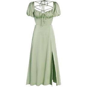 CIDER Satin Knotted Puff Sleeve Split Midi Dress