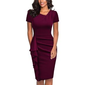 Knitee Women's Retro 50s Style V Neck Ruffle Party Cocktail Pencil Dress